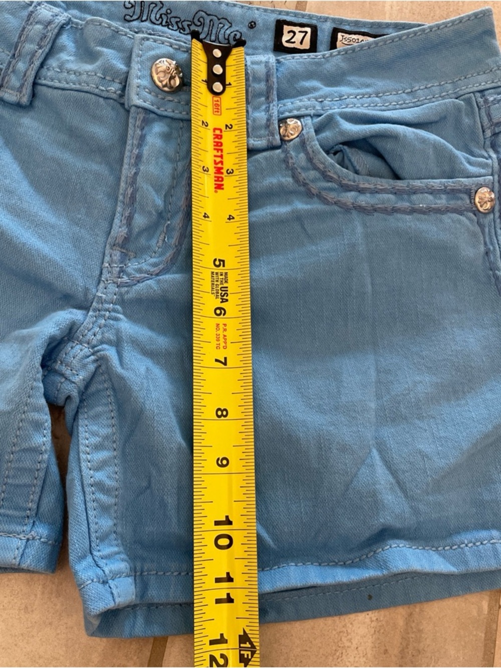 Miss Me Jeans Shorts 27, JS5014H53 Washed Sky Blue Low Rise Studded Crystals Y2K - Picture 8 of 13